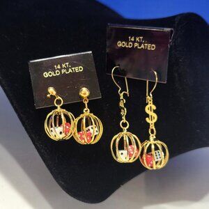 Vintage Caged Dice Dangle Earrings 14K Gold Plated Set of 2